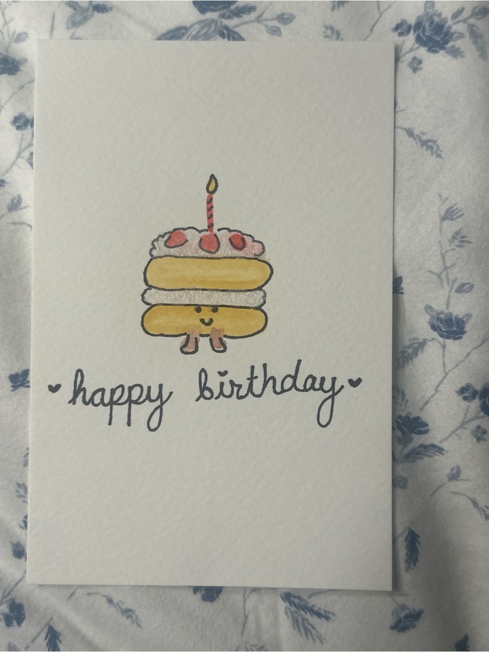 Handmade Yellow Birthday Card with Cute Cake Illustration